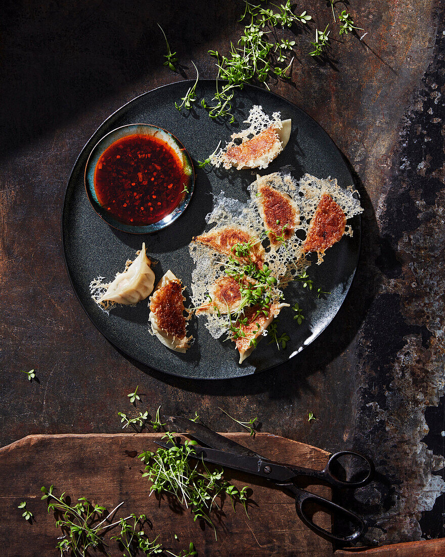 Deep fried potstickers (dumplings, Asia)