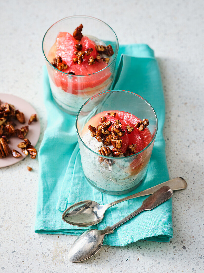 Poppy seed yoghurt mousse with grapefruit and nuts