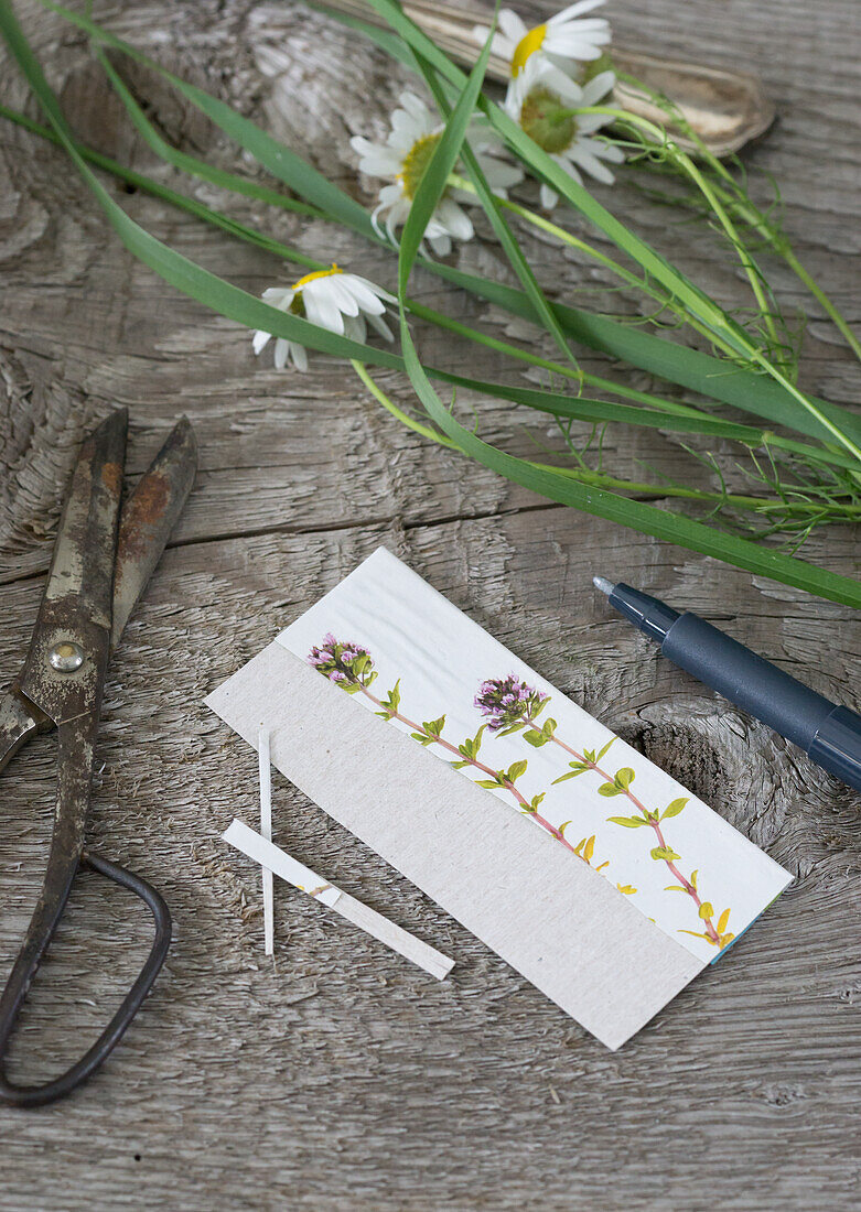 Create place cards next to vintage scissors and chamomile
