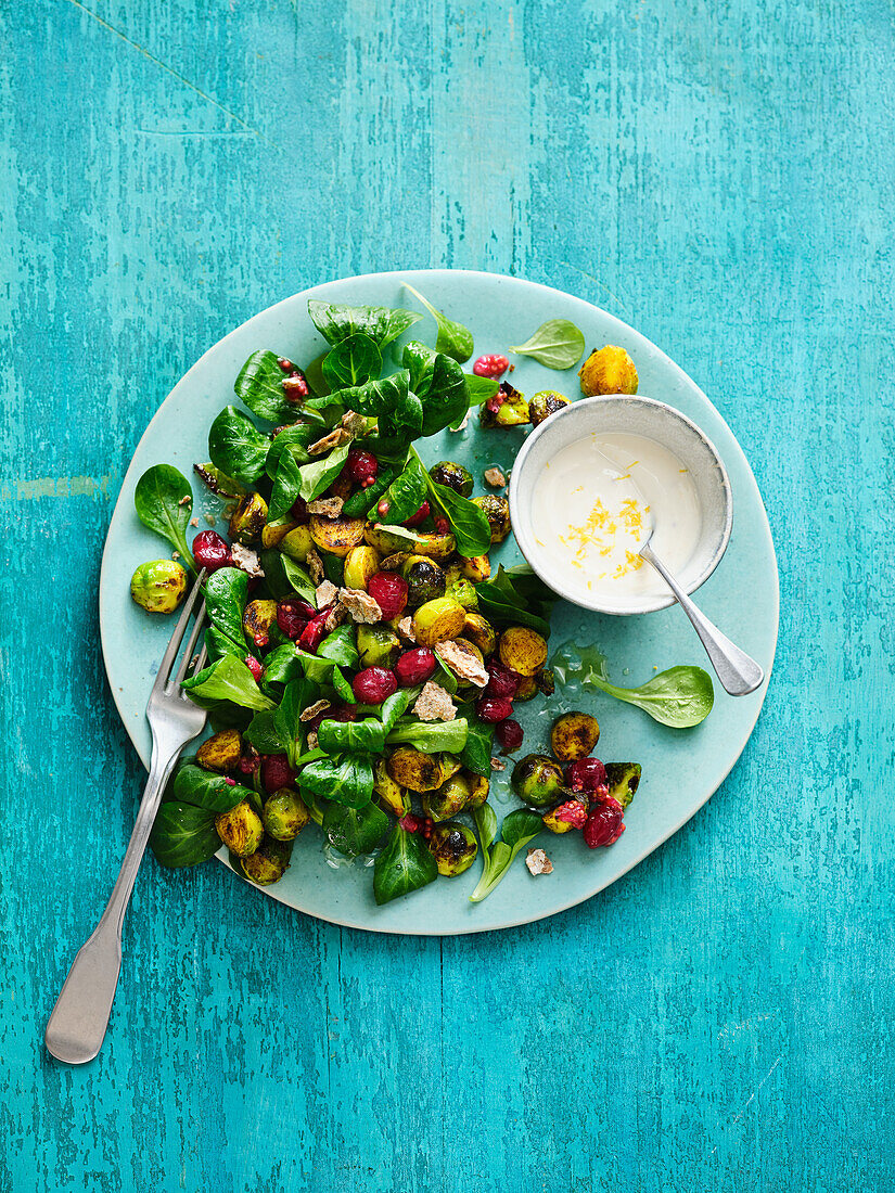 Veganer Feldsalat mit Rosenkohl, Cranberrys und Sojajoghurt