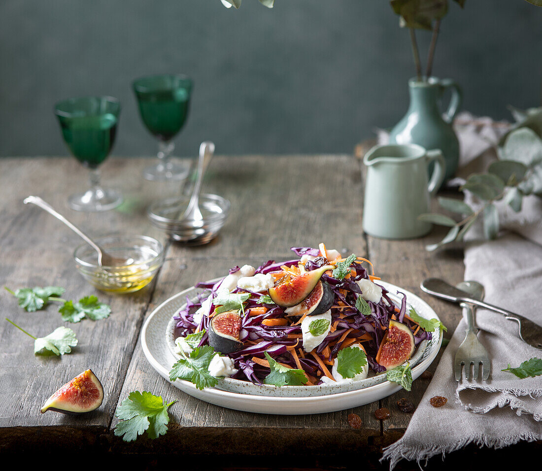 Red cabbage salad with figs, mint, coriander, carrot, burrata and honey vinaigrette