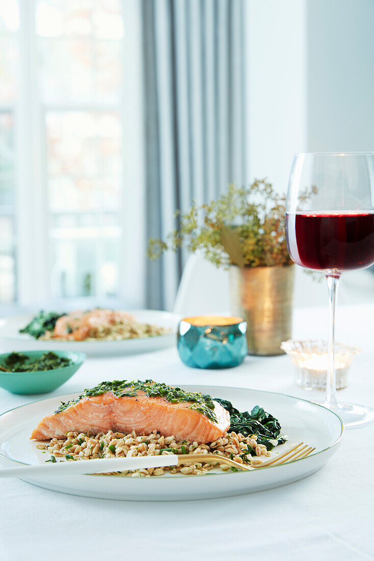 Salmon fillet on a bed of rice