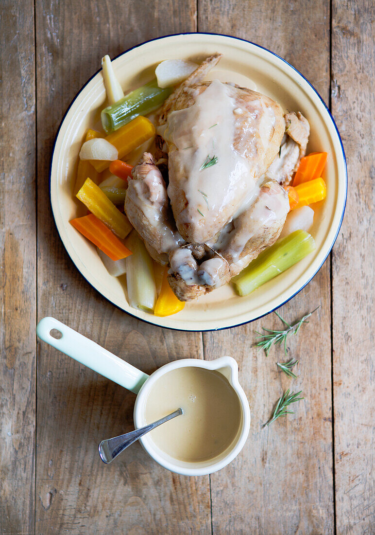 Poule au pot with carrots, leeks and carrots