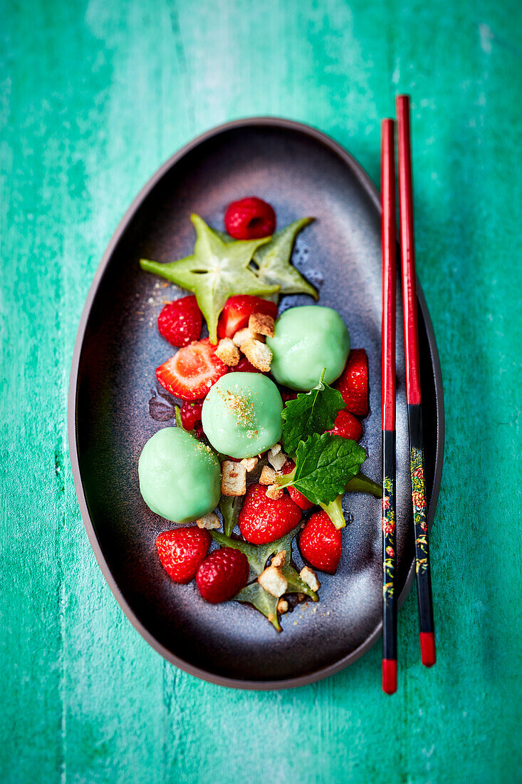 Matcha Dango (marinated fruit)