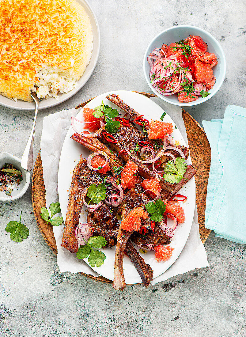 Lamb with grapefruit chermoula and rice