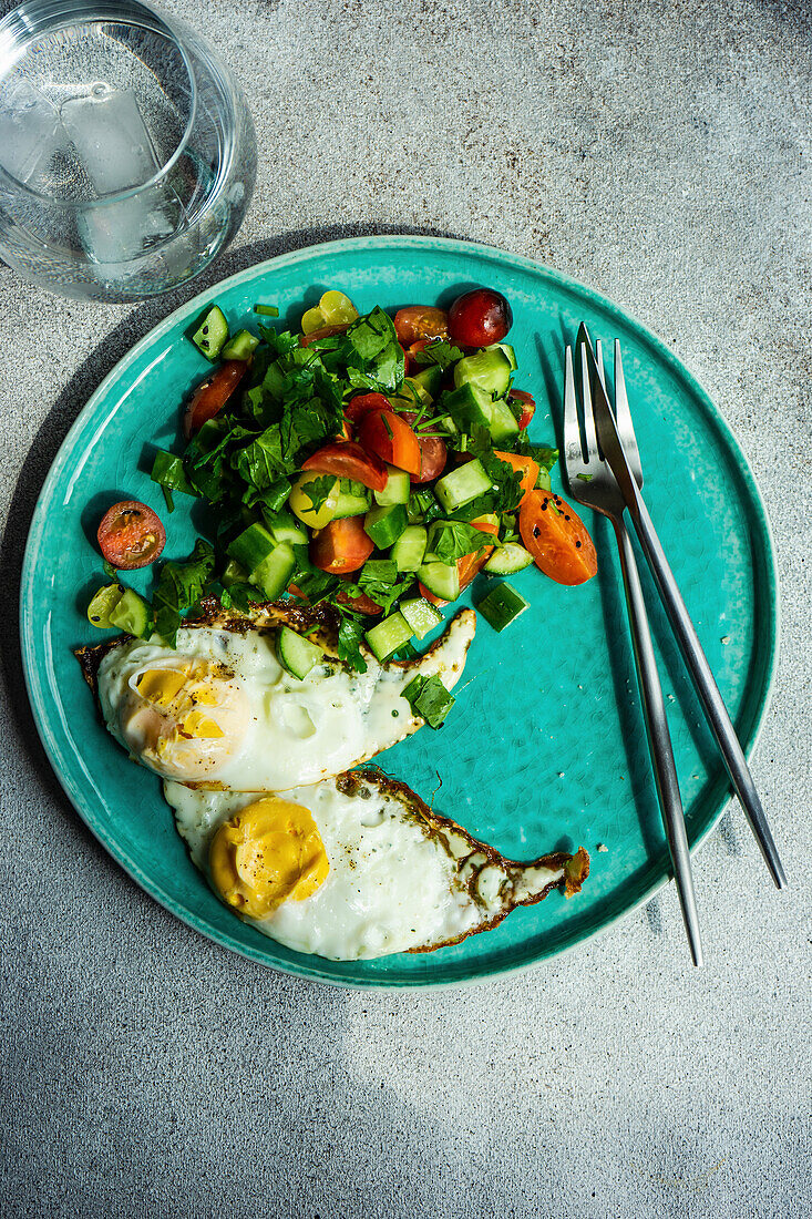Healthy lunch set with fried eggs and fresh vegetable salad served on the plate