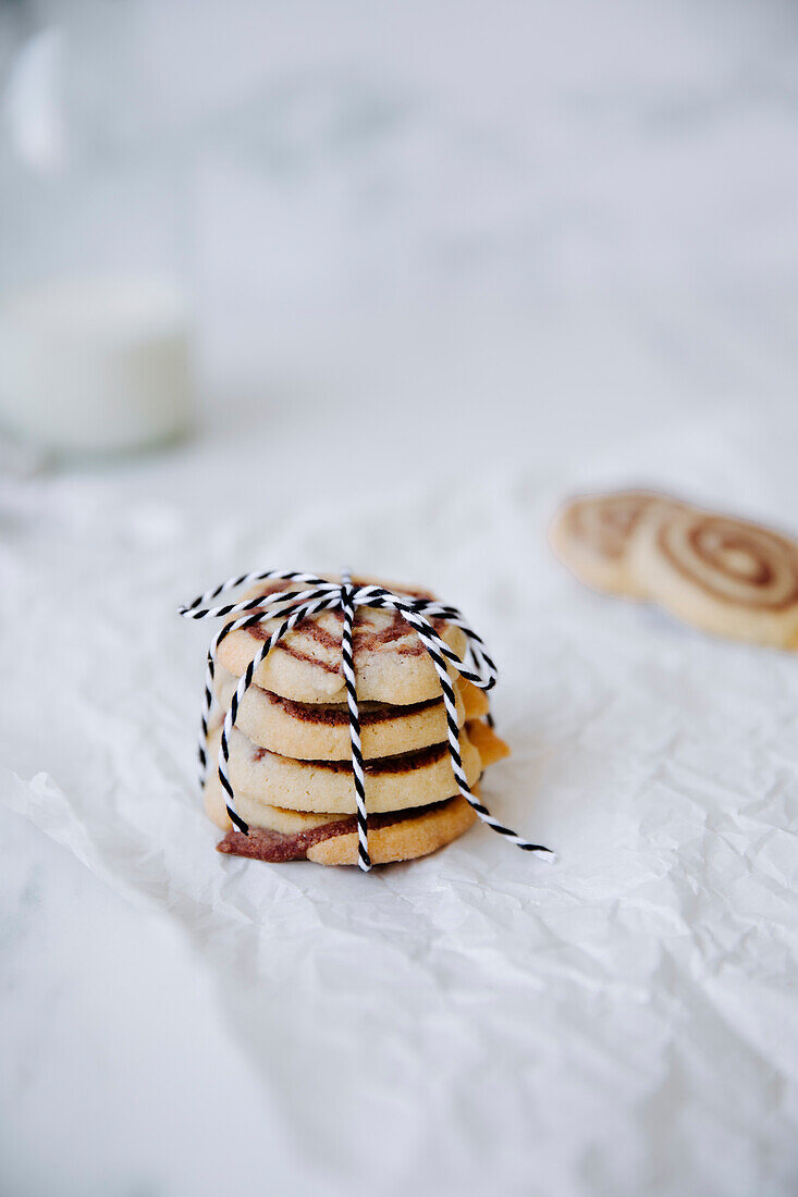 Cinnamon bun cookies, tied together in a pile