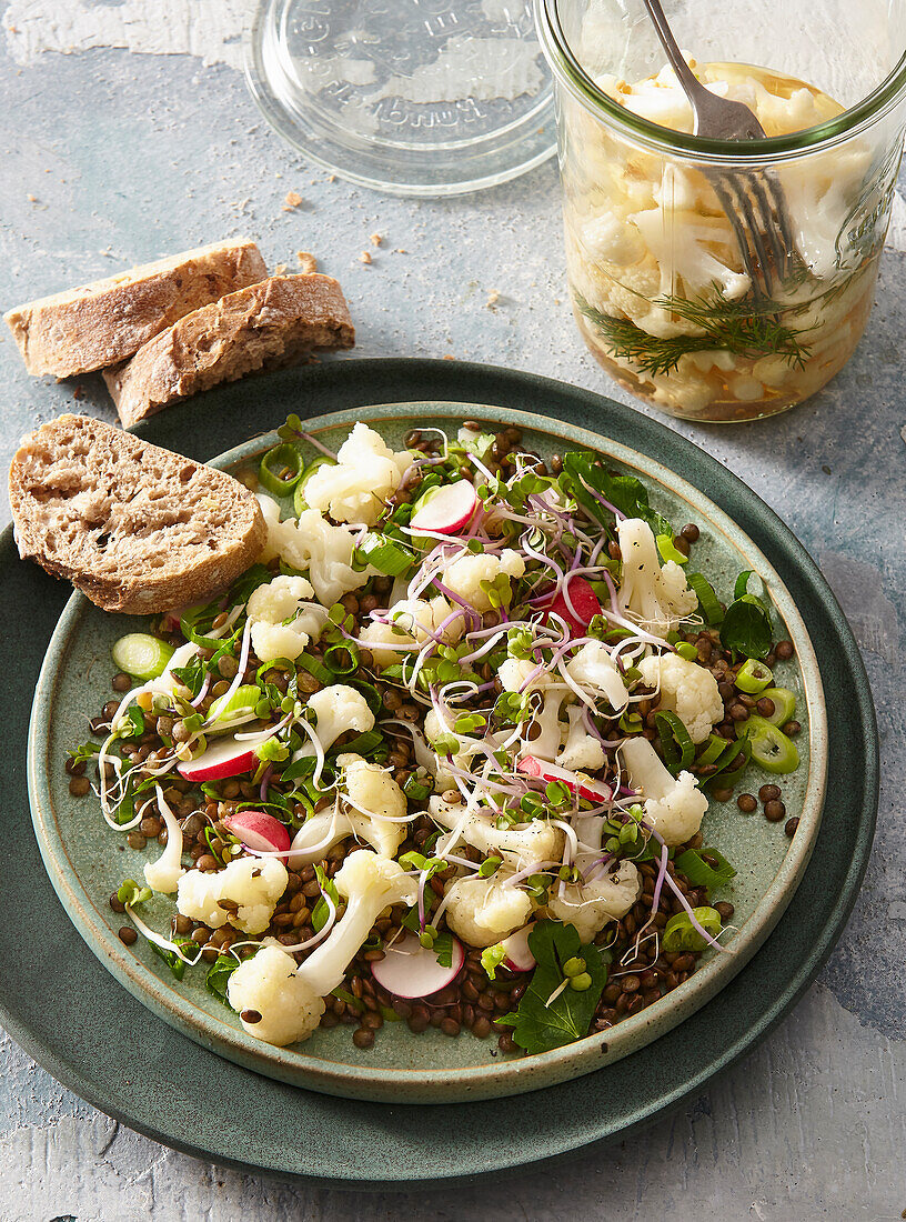 Lentil salad with fermented cauliflower