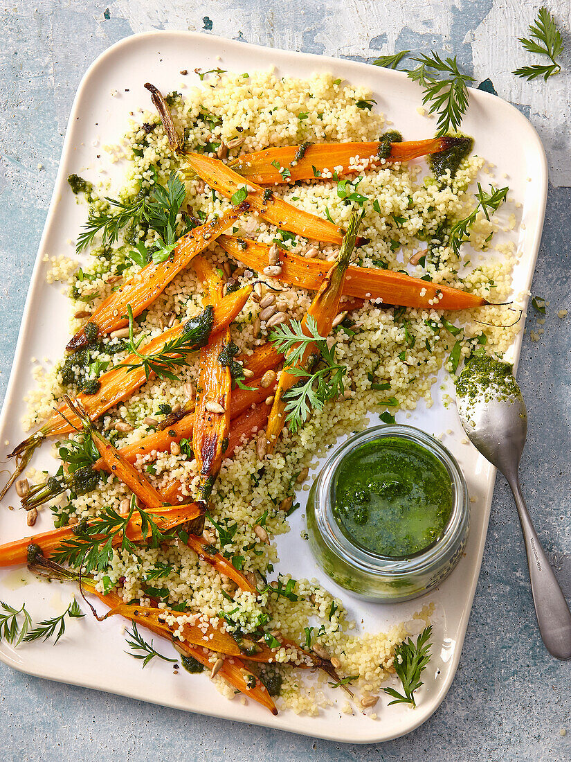 Oven roasted carrots with carrot-basil pesto