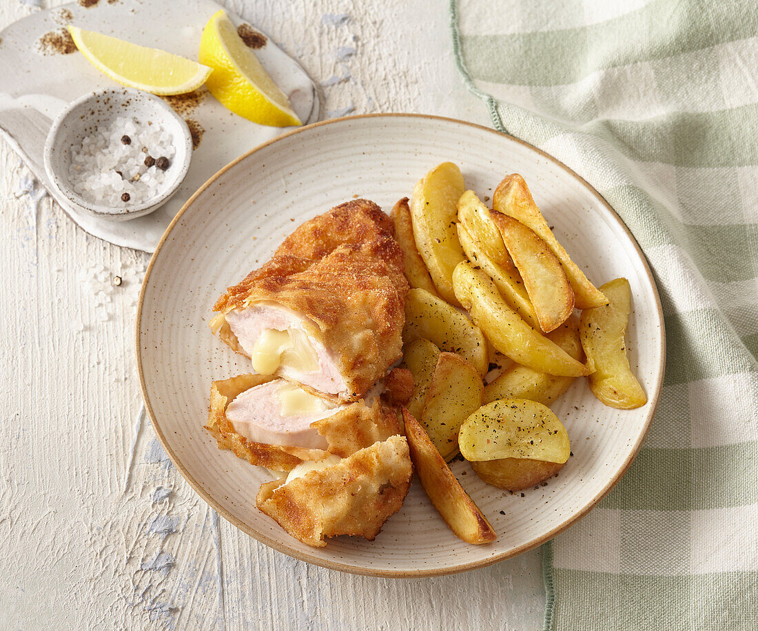 Pineapple and cheese stuffed chicken schnitzel