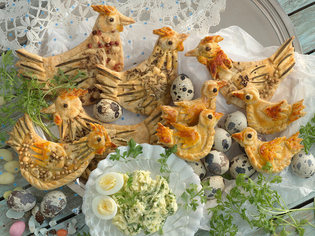 Baked Easter chickens made with pie dough and herbs