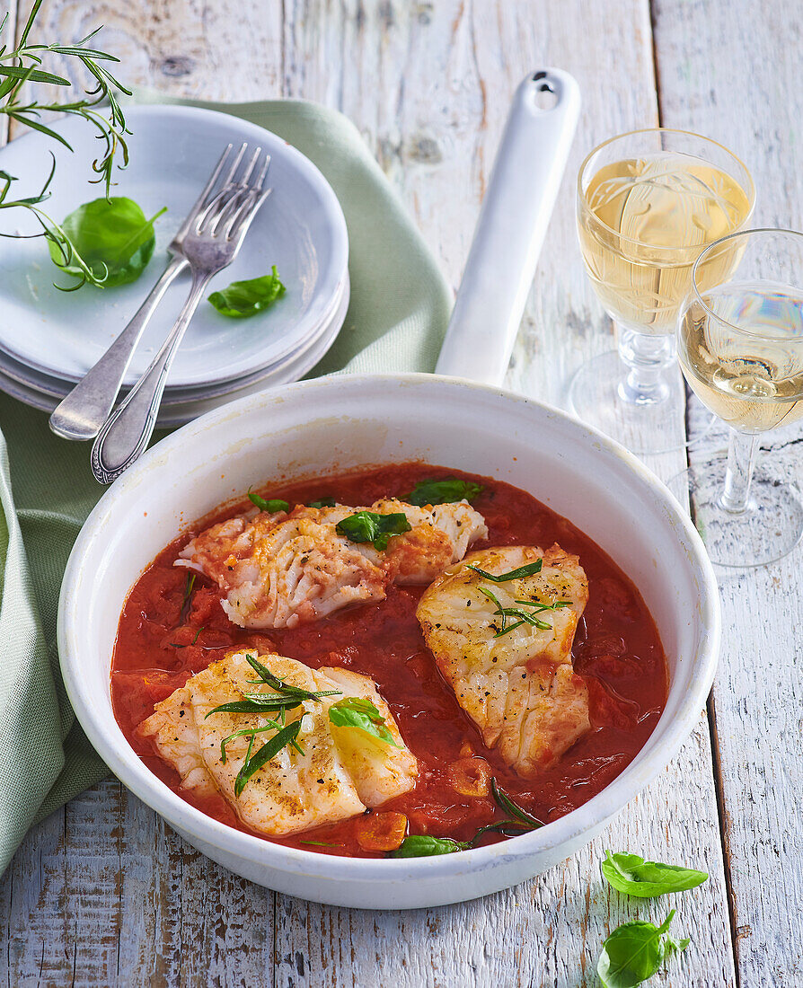 Baked cod in rich tomato sauce