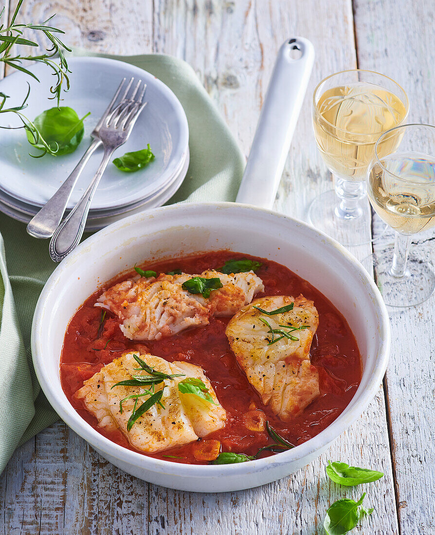 Gebackener Kabeljau in reichhaltiger Tomatensauce