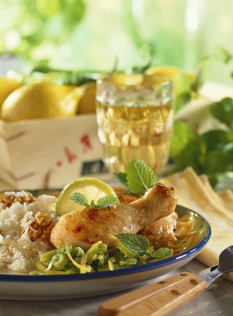 Lemon chicken on celery with walnut rice