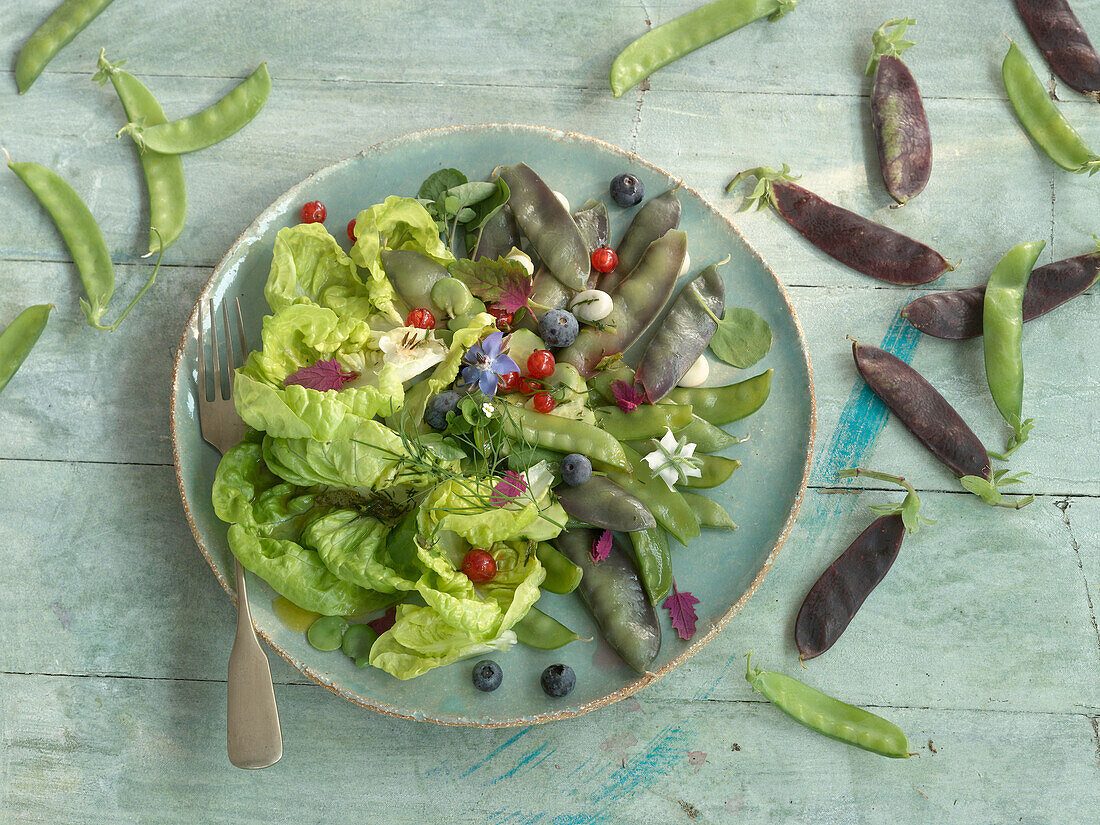 Salat mit lila und grünen Zuckererbsen
