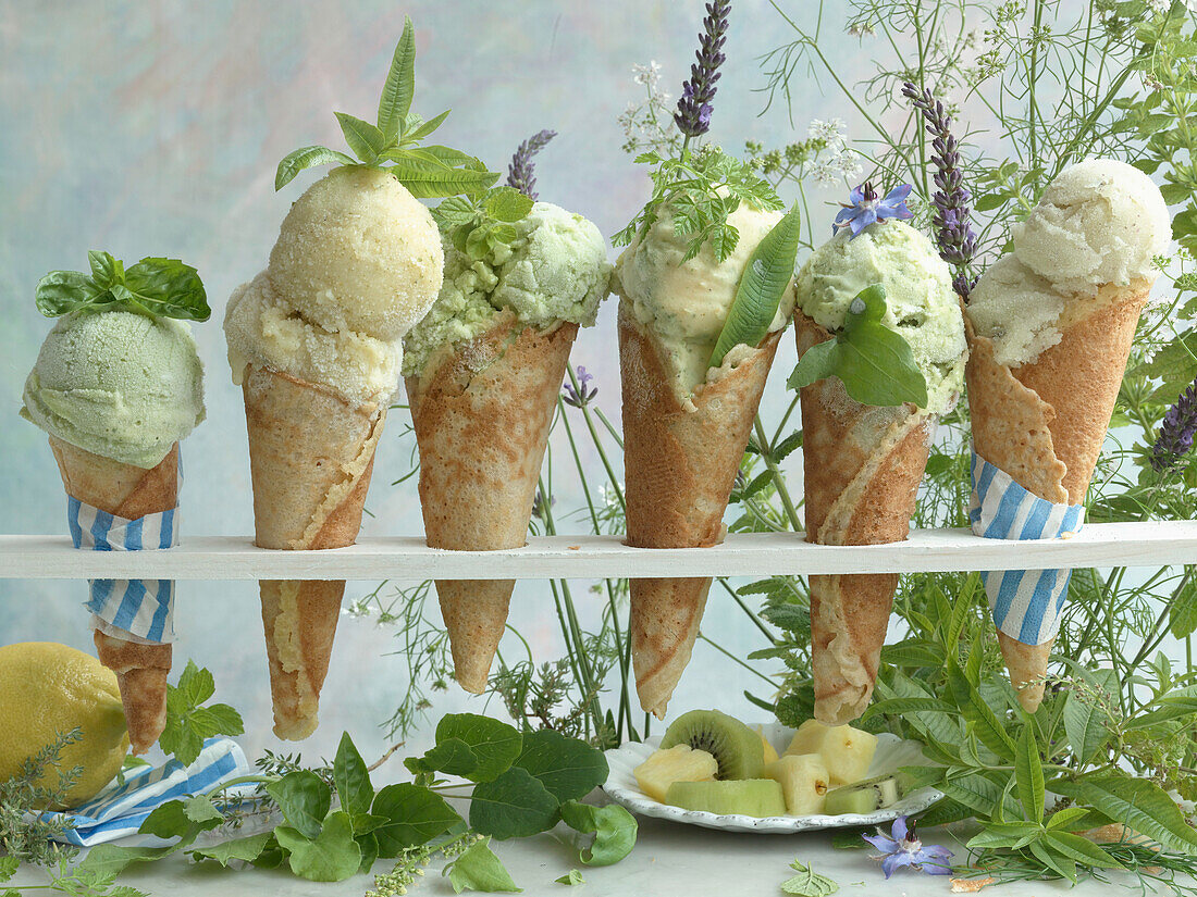 Six different kinds of herb ice cream in waffles