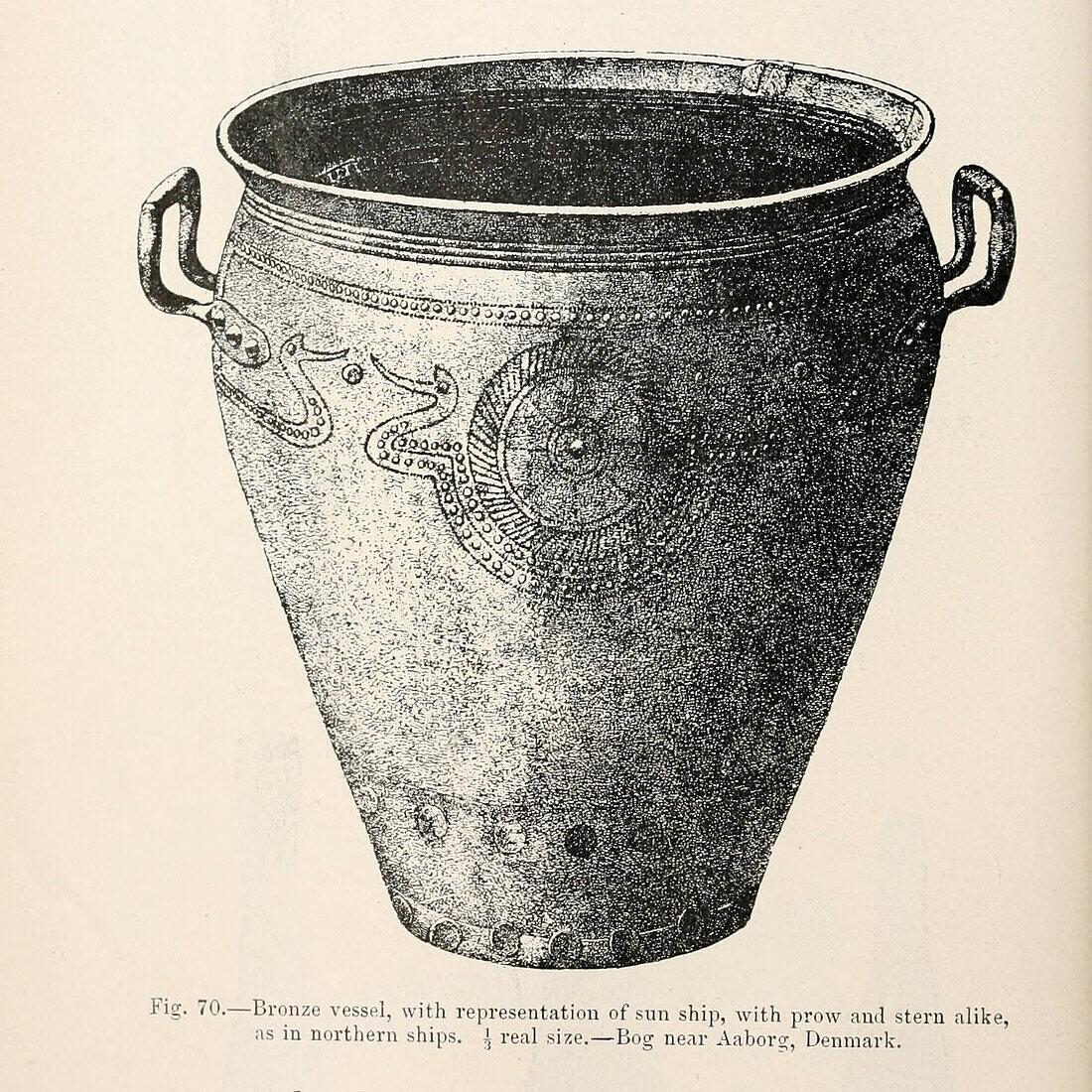 Bronze vessel with sun ship, 19th century illustration