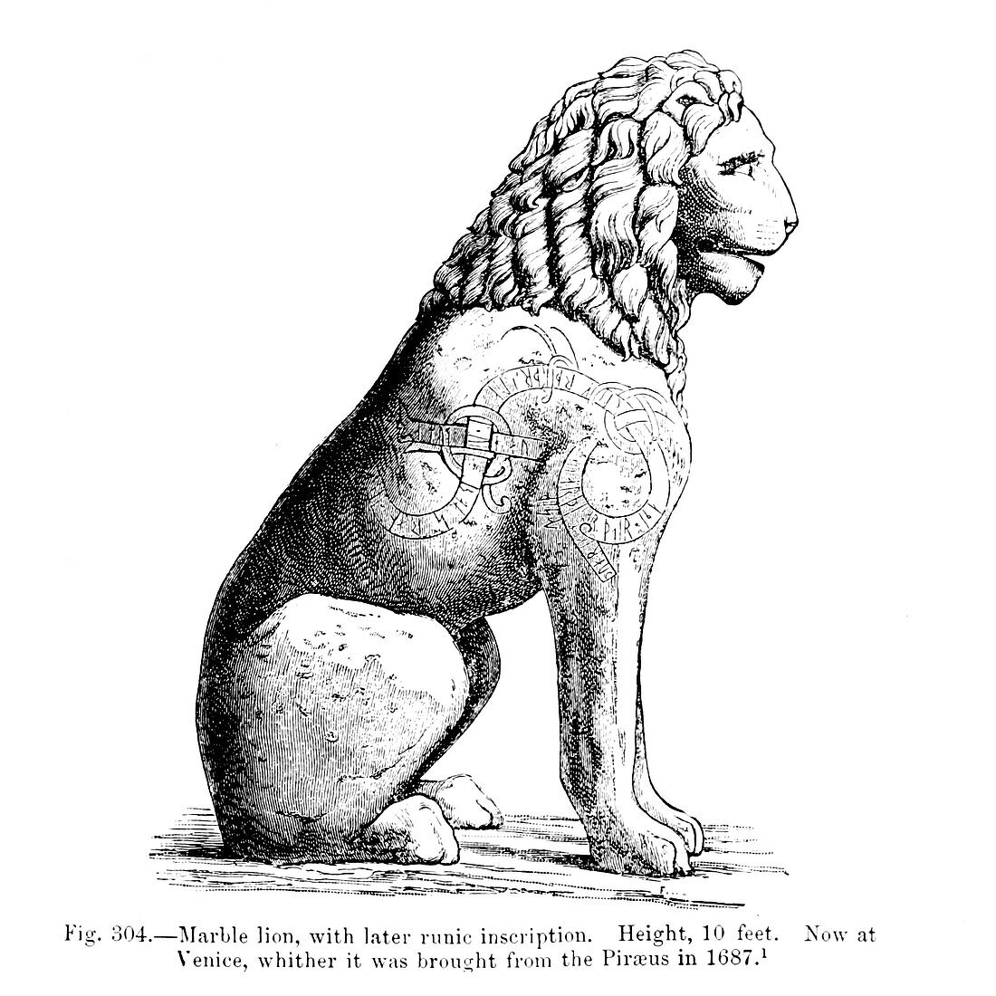 Marble lion with runic inscription, illustration