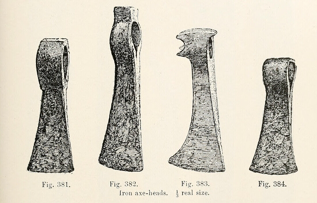 Iron axe heads, 19th century illustration