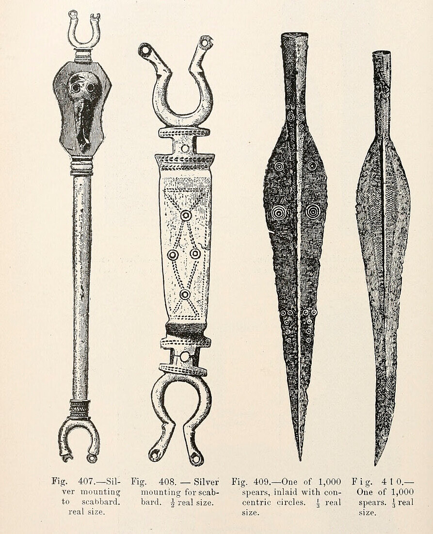 Spear heads and scabbards, 19th century illustration