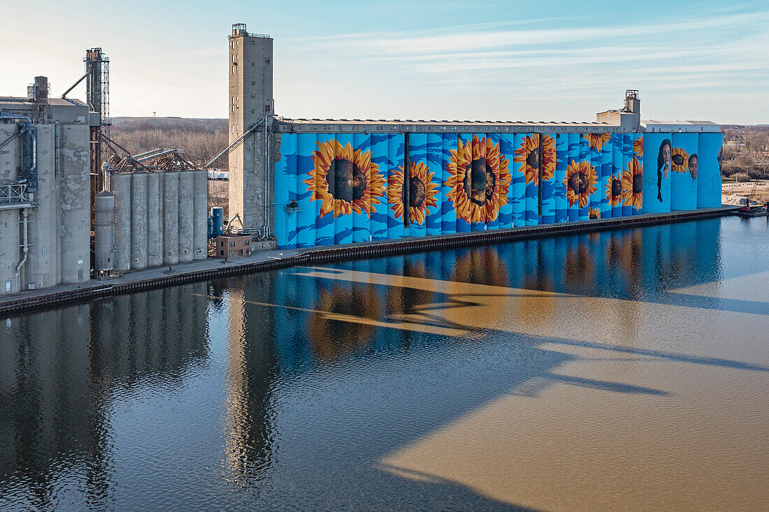 Sunflower mural on grain silos, Toledo, Ohio, USA