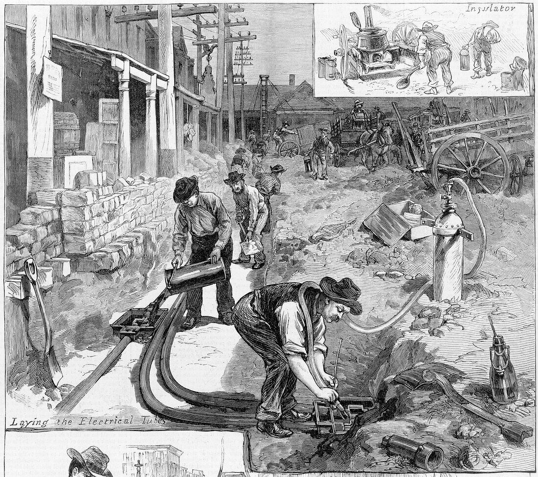 Electric wires being installed, 19th century illustration