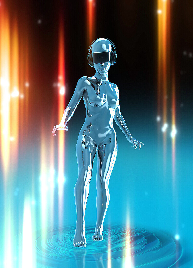 Woman wearing a virtual reality headset, illustration