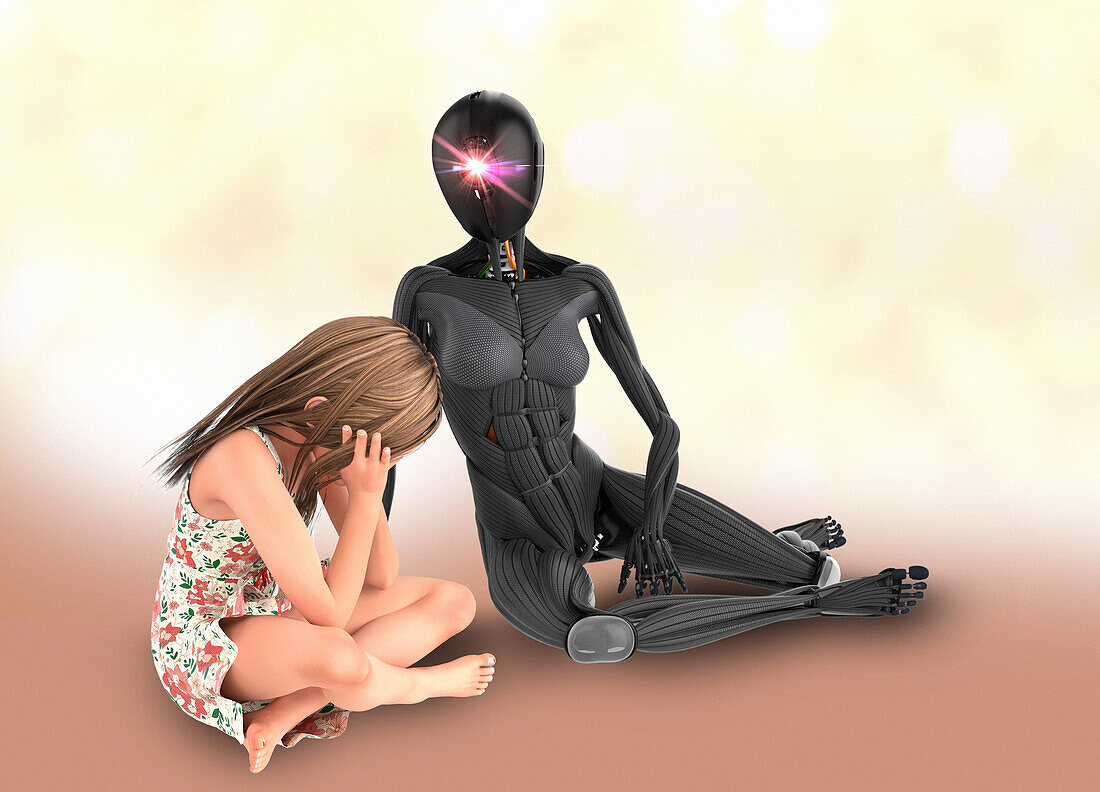 Robot looking after a child, illustration