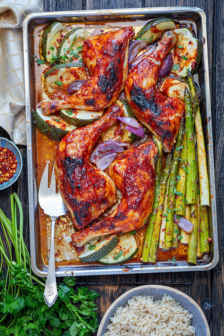 Grilled chicken with asparagus and courgettes