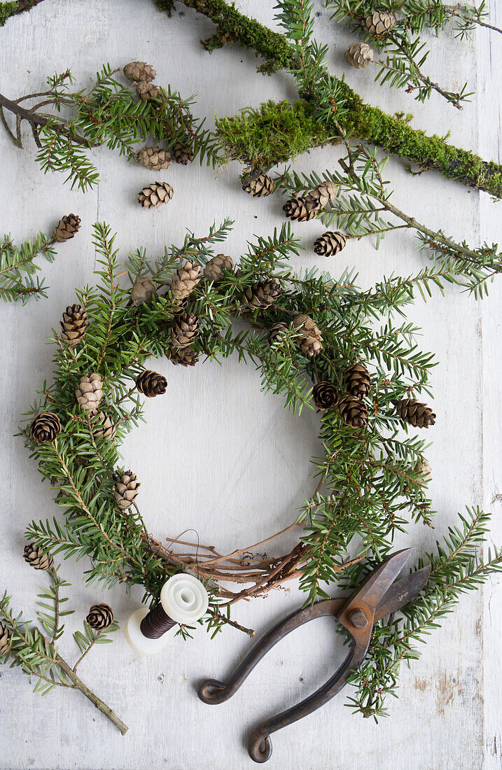 Advent wreath made from hemlock and pine cones
