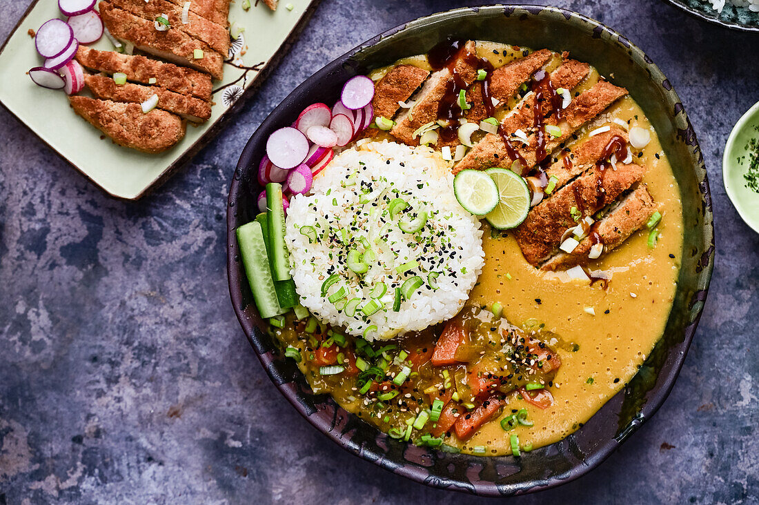 Vegan Katsu curry with quorn fillets and rice