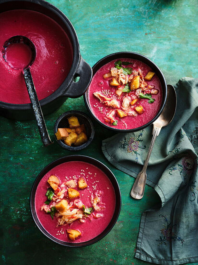 Beetroot soup with savoy cabbage, kimchi and croutons