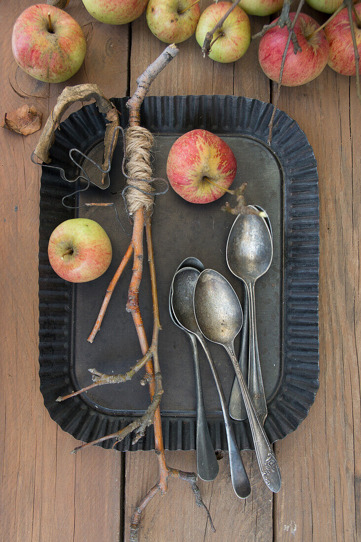 Tart mould as tray with apples from the meadow orchard, silver cutlery, star made of wire and bell cutter