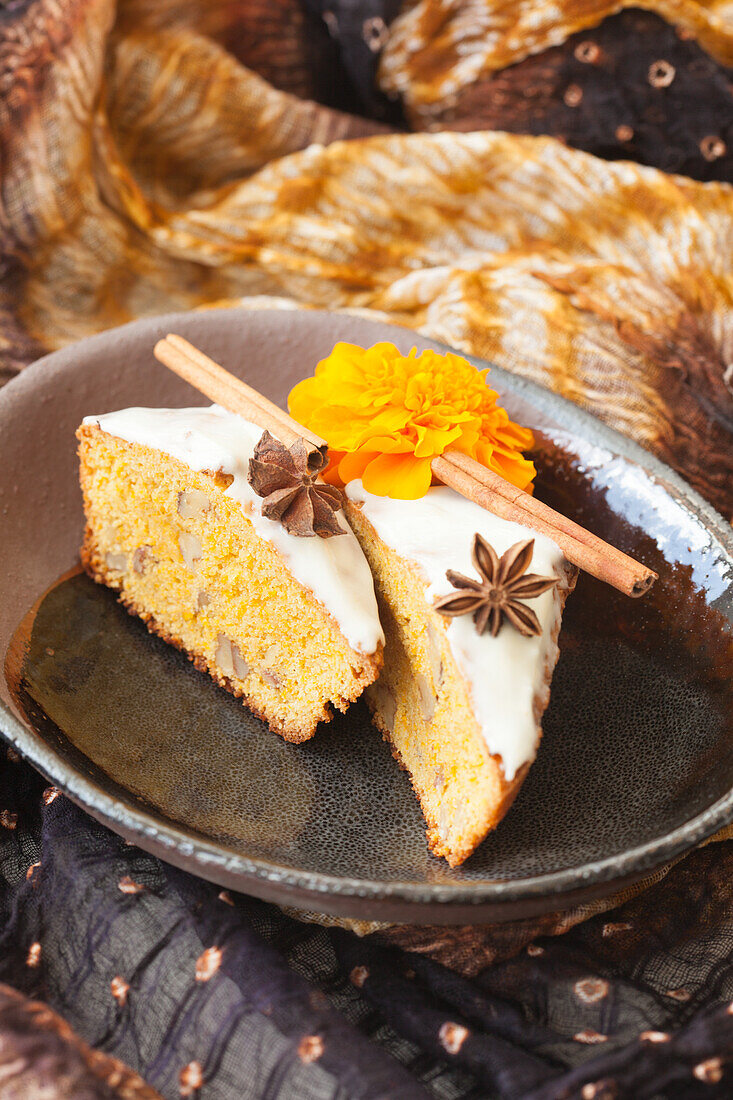 Carrot cake with star anise and cinnamon sticks