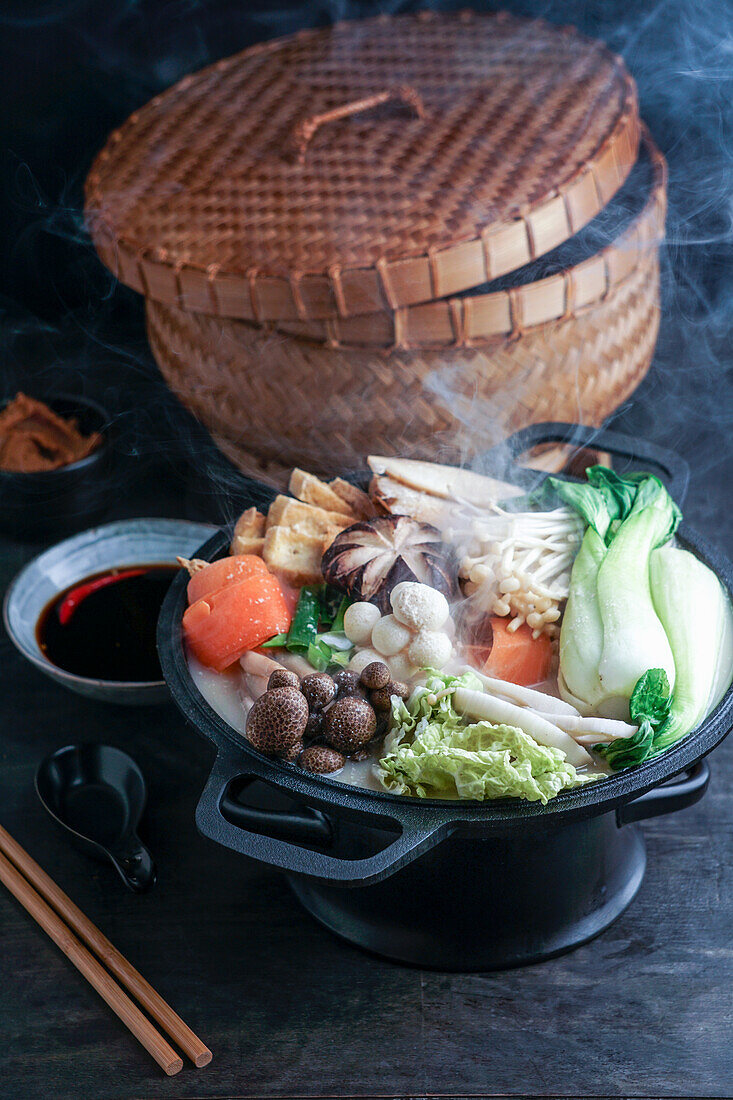Hot Pot mit Chinakohl, Pilzen und gekocht in einer cremigen und herzhaften Sojamilchbrühe
