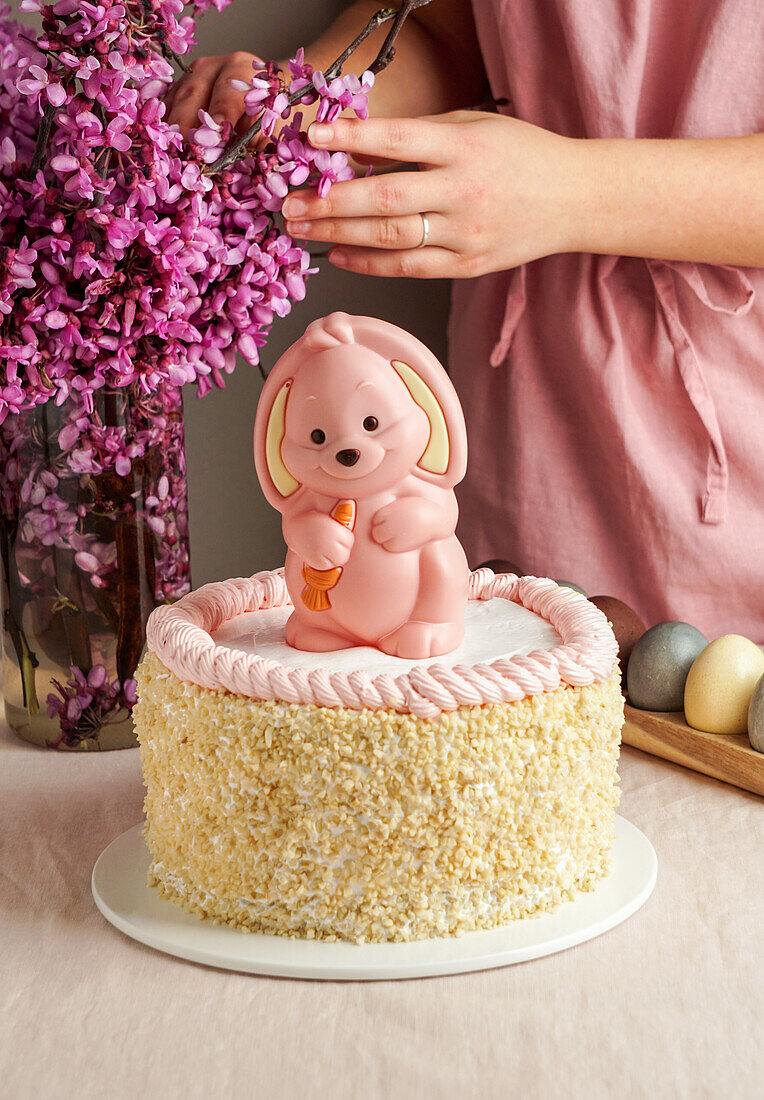 Easter cake with a pink chocolate bunny