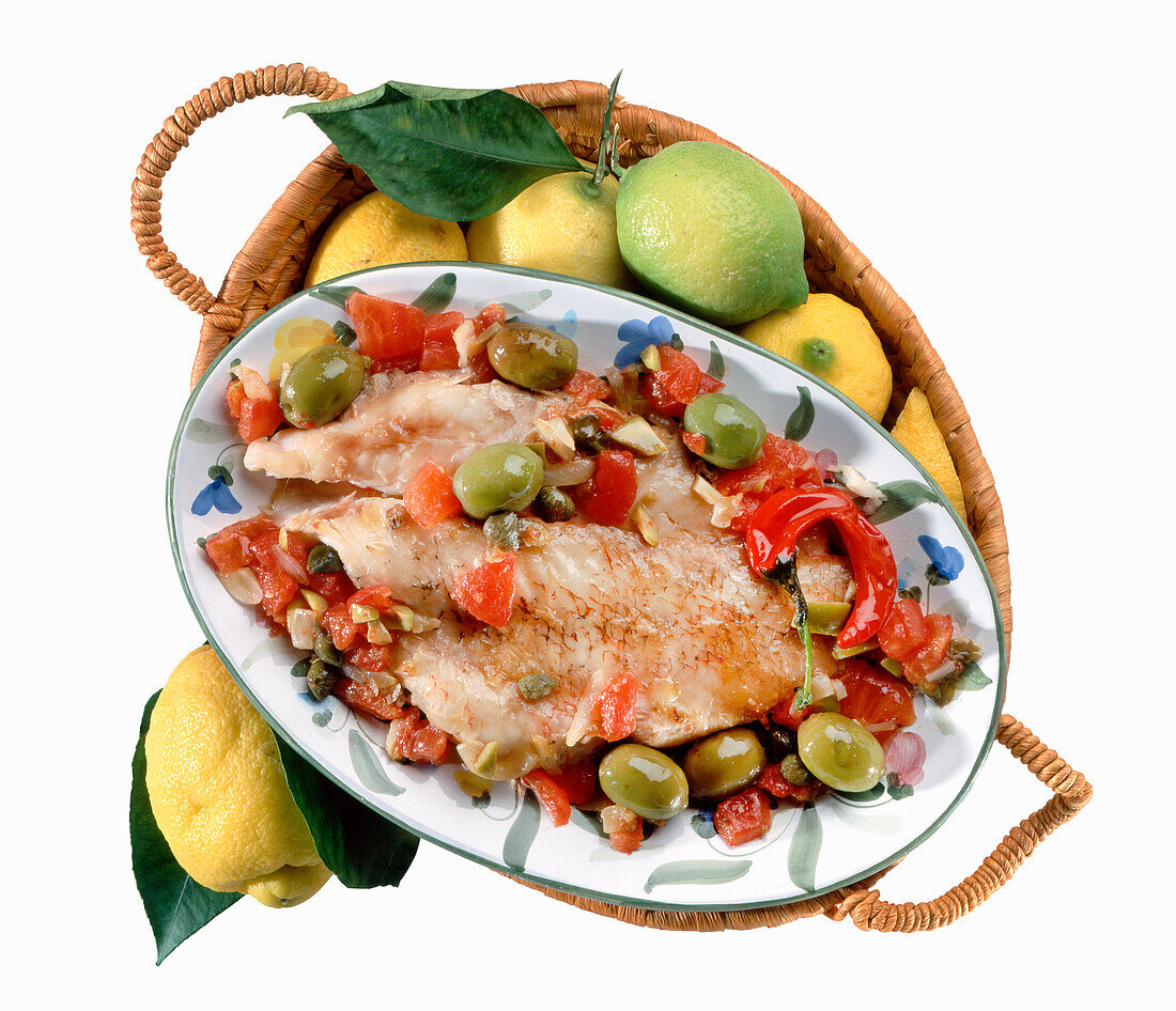 Scorfano in umido (Braised fish with olives and peppers, Aeolian cuisine, Italy)