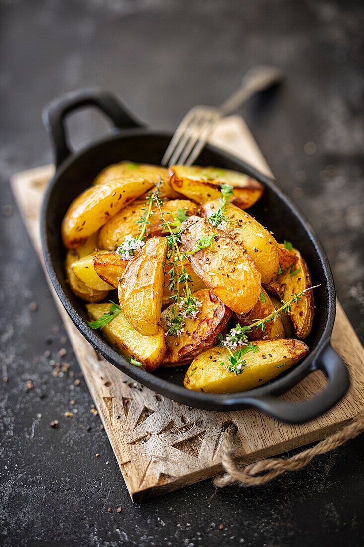 Kartoffelspalten mit Kümmel und Thymianblüten (vegan)