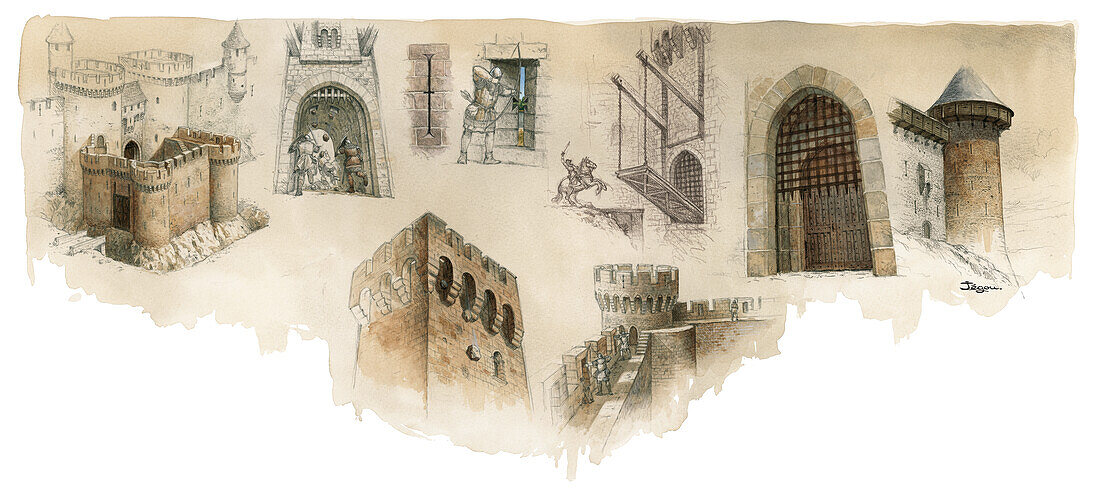 Defences of medieval castle, illustration