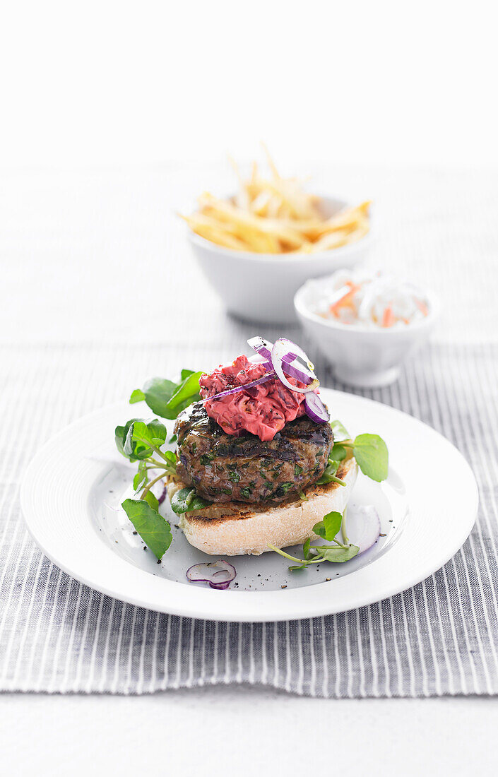 Herby lamb burgers with beetroot mayo