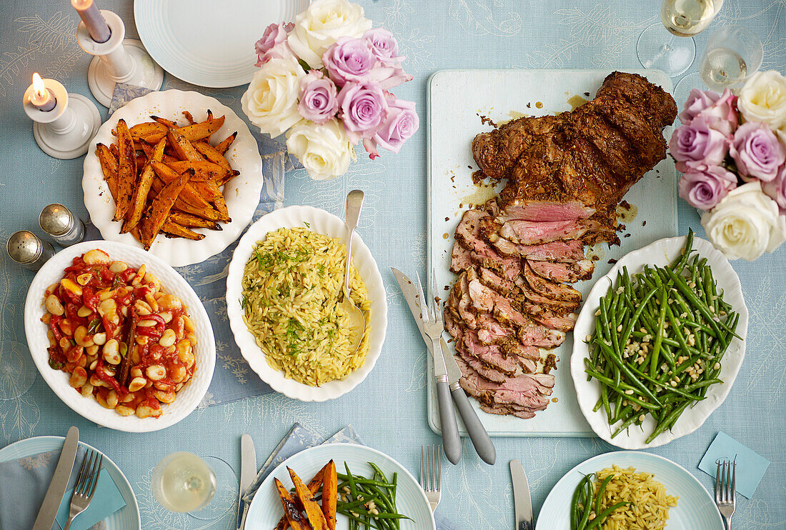 Spiced butterfly lamb with side dishes