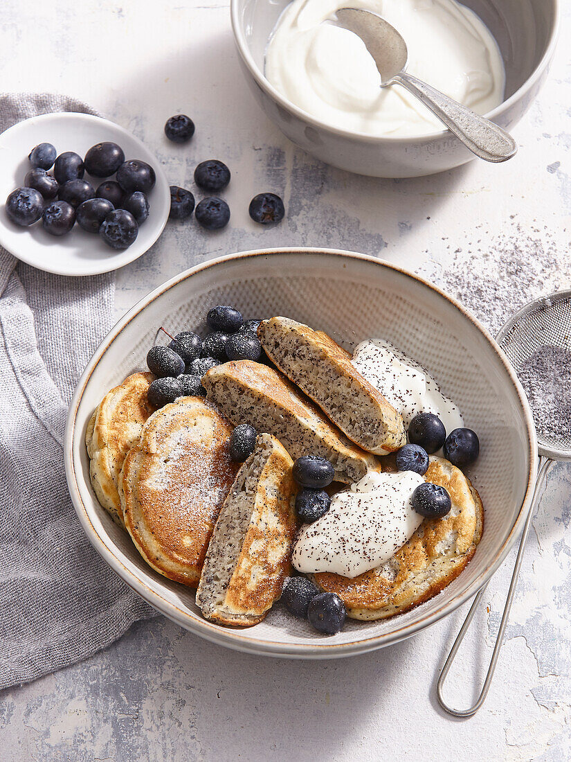 Lemon poppy seed pancakes with blueberries