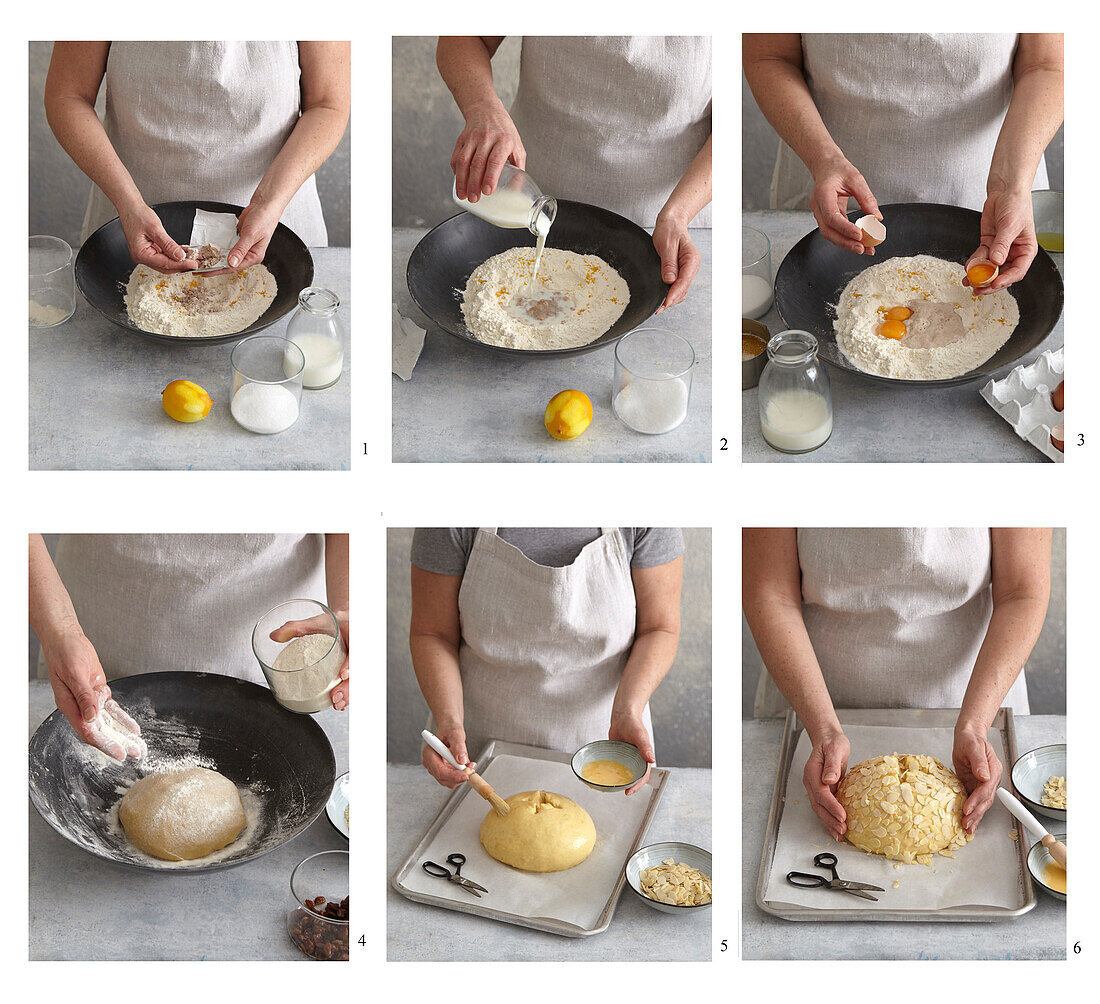 Preparing Easter bread with almonds and rum raisins