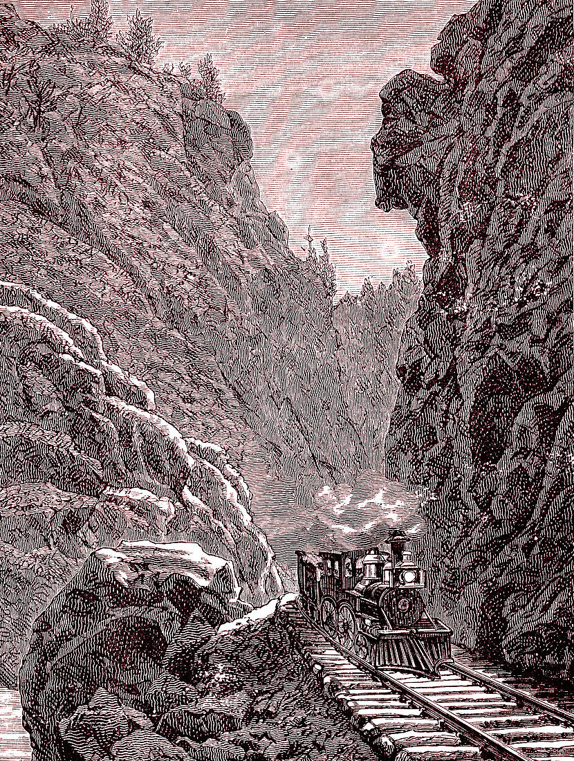 Train crossing the Colorado Mountains, USA, illustration