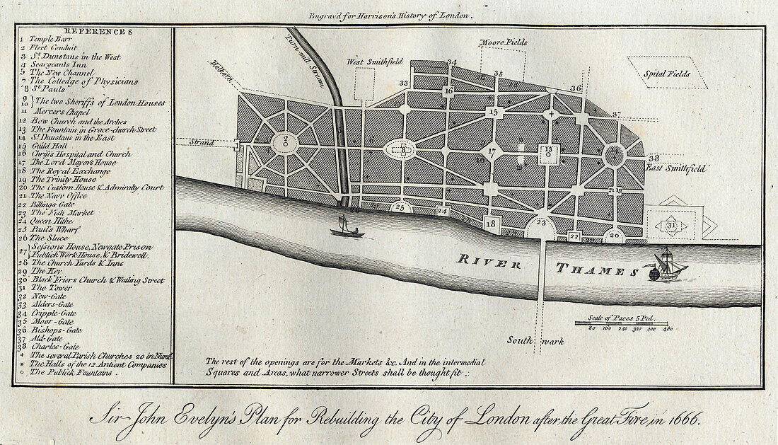 Evelyn's plan for rebuilding London after 1666 Great Fire