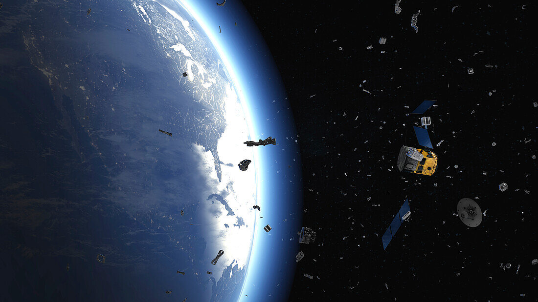 Space debris orbiting Earth, illustration