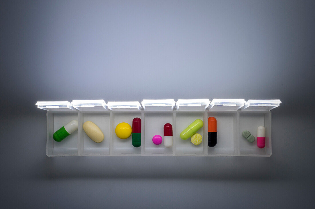 Pills in a weekly pillbox