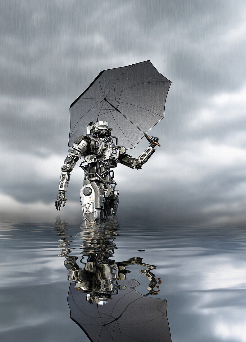 Robot holding an umbrella, illustration
