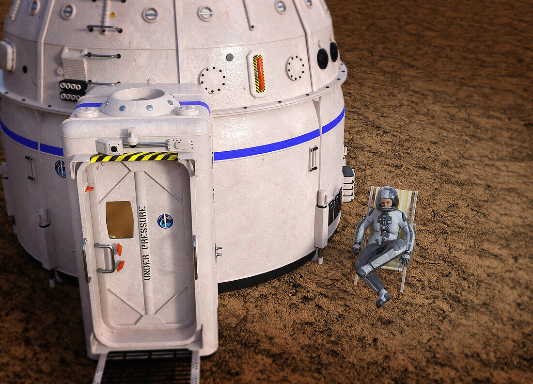 Astronaut sitting on a deck chair on Mars, illustration
