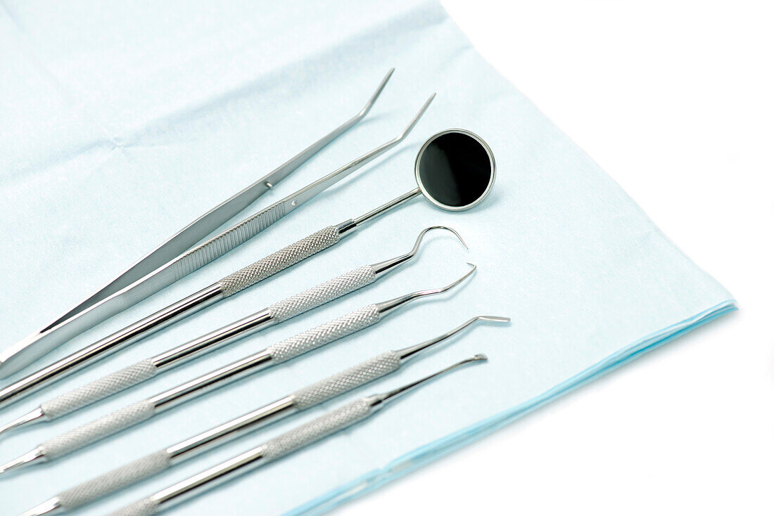 Dental instruments on sterile drape